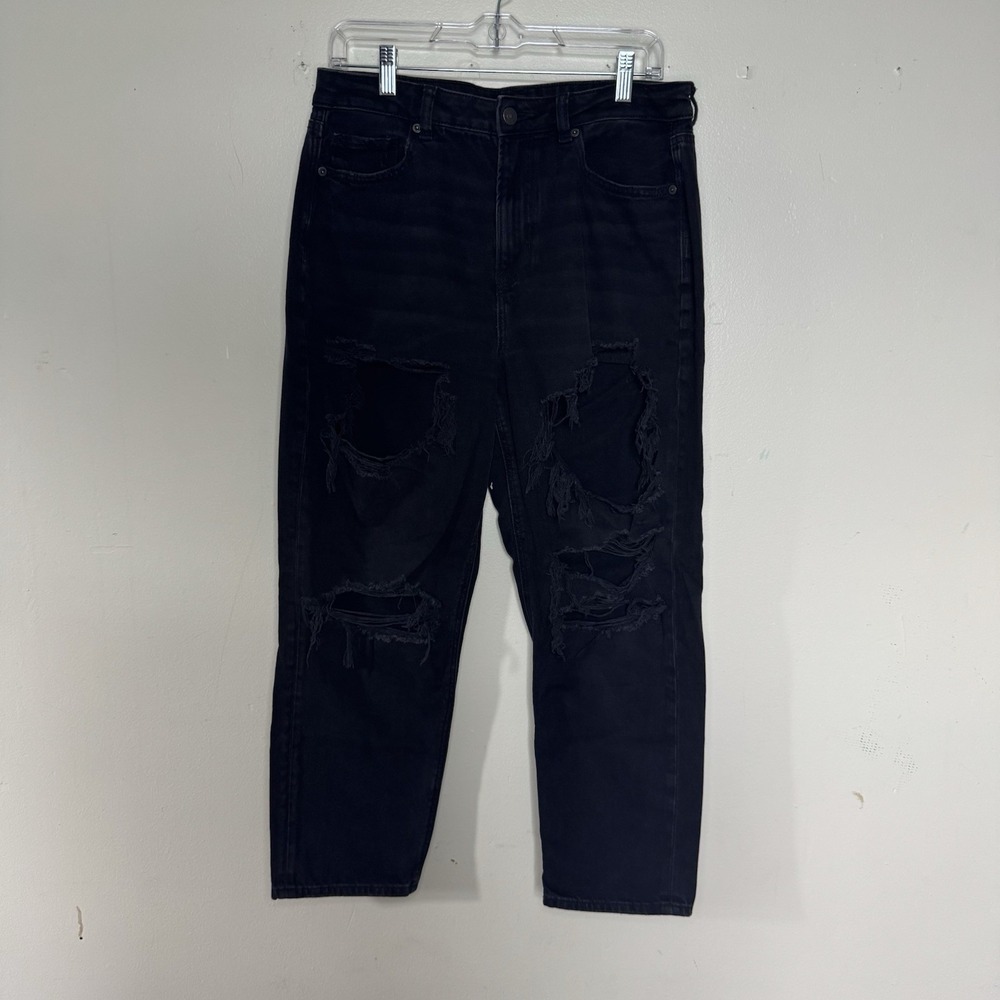 American Eagle Women's Denim Black Thrashed Destroyed Mom Jeans 12S